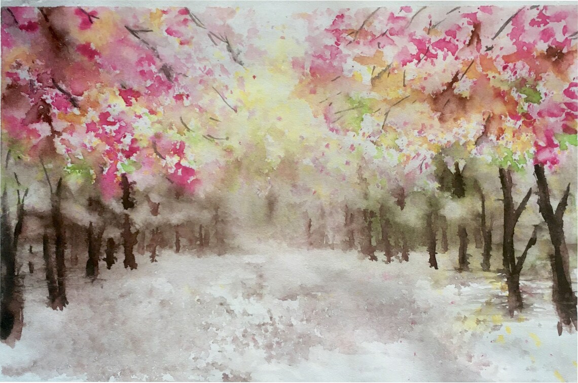 Sakura original watercolor painting Landscape sakura | Etsy