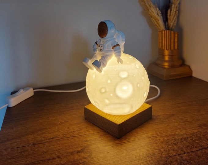 Astronaut Sitting on Moon Night Light | Astronaut Moon LED Bedside Lamp | Space & Astronomy Lover Tabletop Light | Celestial Room Lighting