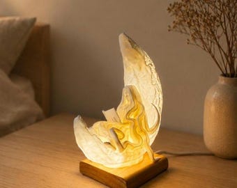 3D Printed Reading Girl Moon Night Light, Nursery Room Lamp for Gift