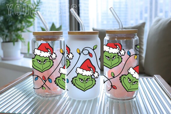 16oz Grinch Christmas Lights Glass Can Cup with Lid and Straw