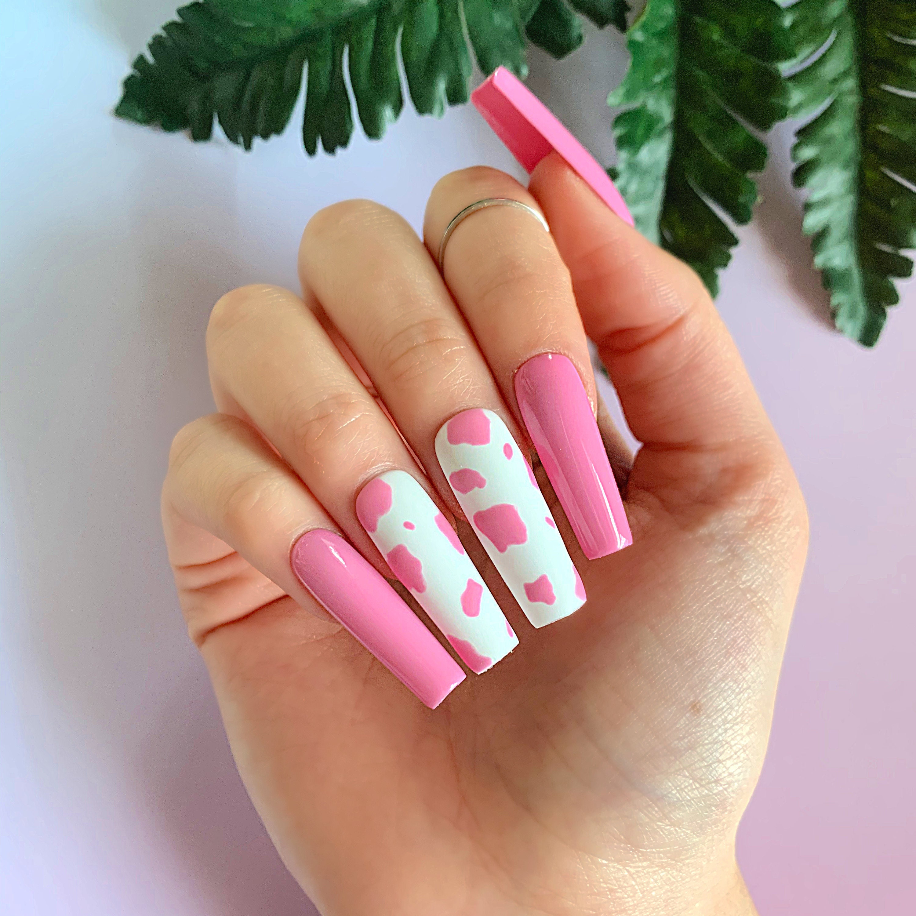 Pink Cow Print Luxury Press-On Nails Pink Nails Cow Nails | Etsy