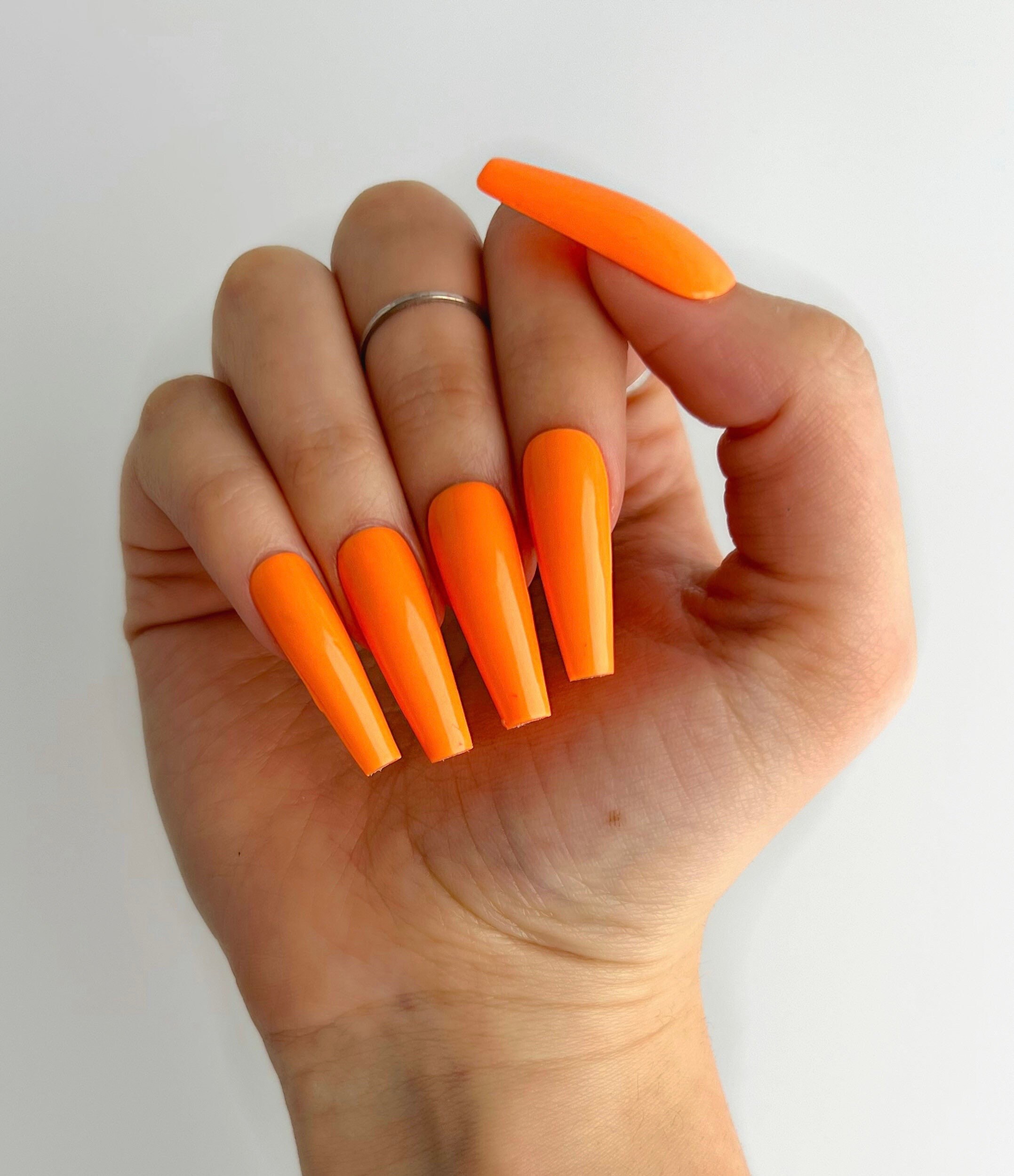 Neon Orange One Color Luxury Press On Nails Long Coffin Etsy New Zealand