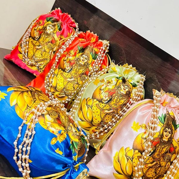 Wholesale Indian Handmade Laxmi Print Purse Potli Bag Pouch Drawstring Bag Wedding Favor, Baby Shower Return Gift, Birthday/Bridesmaid Gift
