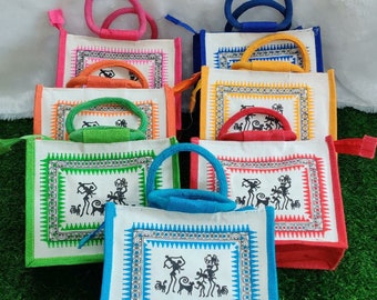 100 Pcs Jute Bags with Contrast Print for Return Gifts Thamboolam Bags Wedding Gifts Lunch Bag Multicolor 10*8*4 inches Gifts for Guest