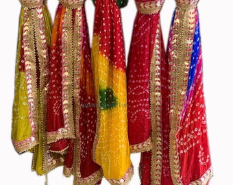 5 PCS SOLID COLOR Dupatta, Rajasthani Bandhej Dupatta tapara Silk Bandhani Bandhej Women Heavy Dupatta with Gota Work and latkan mix color