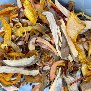 May include: A close-up shot of dried mushrooms in shades of yellow, orange, brown, and white. The dehydrated mushrooms vary in shape and size, with a mix of textures. The image is well-lit, highlighting the natural colours of the fungi.