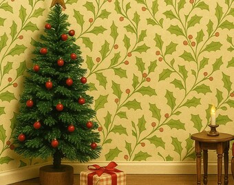 Papel pintado navideño a escala 1:12 para casa de muñecas – Arte mural en miniatura de acebo (PDF y PNG)