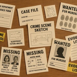 May include: A collection of crime scene investigation props, including evidence tags, police forms, missing person posters, and a "Wanted for Murder" poster. The items are arranged on a wooden surface.