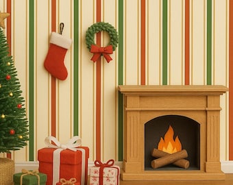 Papel pintado navideño a rayas en miniatura, escala 1:12 (imprimible)