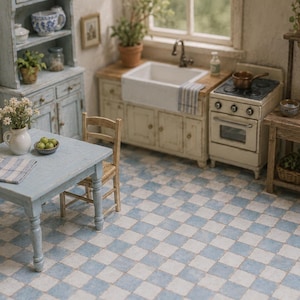 1:12 Scale Checker Tile Floor French Blue & White | Vintage Weathered Miniature Flooring | Seamless Dollhouse Floor PRINTABLE