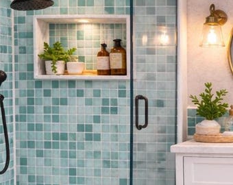 Miniatur druckbare Tapete 1:12, Teal Mint Mosaikfliesen Tapete, Puppenhaus Badezimmer Tapete, Mini Küchenwandfliese