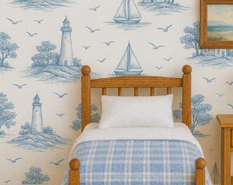 Coastal Toile Dollhouse Wallpaper | 1:12 Scale Miniature (Printable PDF + PNG)