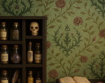 Gothic Botanical Miniature Dollhouse Wallpaper — 1:12 Scale Dollhouse Wallpaper | Witchy Victorian Halloween Miniature Wall Sheet