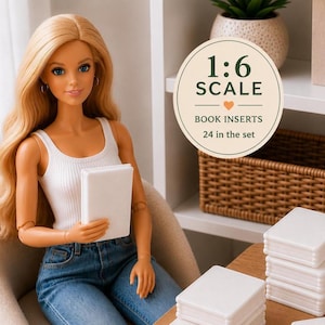May include: A set of 24 white 1:6 scale book inserts for miniature displays. The doll in the image holds one rectangular white book insert, while several other identical blank white book inserts are stacked on the table in the foreground.