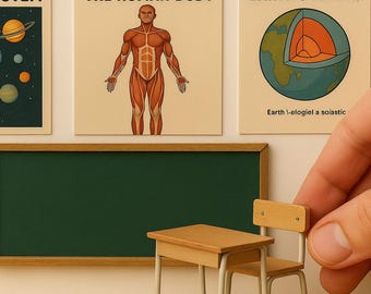 Miniature Science & Geography Posters 1:12 Scale Dollhouse Classroom Wall Art – Educational Charts, Maps, Anatomy, Solar System - PRINTABLE