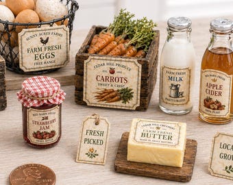 Etichette stampabili per bancarelle agricole in scala 1:12 / Etichette per prodotti agricoli in miniatura / Confezioni alimentari per casa delle bambole / Mercato agricolo rustico fai da te