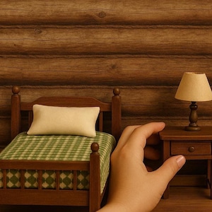 Pode incluir: Cena de quarto em miniatura com uma cama de madeira, uma mesa de cabeceira e uma lâmpada. A cama tem roupa de cama xadrez verde e branca e uma almofada creme. A mesa de cabeceira tem uma gaveta pequena e uma abajur bege.