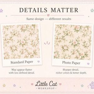 May include: An image comparing standard and photo paper, both displaying a floral pattern in beige, pink, and green. The text "DETAILS MATTER" and "Same design - different results" are at the top. The bottom features the text "Little Cat WORKSHOP."