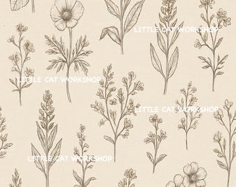 Neutral Floral Miniature Wallpaper | 1:12 Scale Printable Cottagecore Dollhouse Wall Art William Morris Inspired Dollhouse Wallpaper