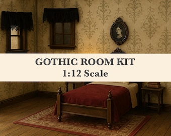 Puppenhaus Miniatur Gothic Zimmer Printable Kit | 1:12 Puppenhaus Tapete, Boden & Dekor-Set