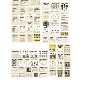 May include: A collection of vintage-style crime scene investigation cards. The cards feature text such as "Evidence," "Wanted," and "Crime Scene." The color palette is primarily beige and black, with some red accents. The cards are arranged in a grid.