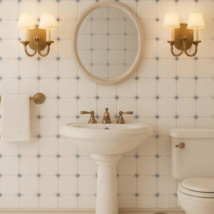 Peut inclure: Intérieur de salle de bain avec lavabo sur pied, toilettes et miroir ovale blancs. Les murs sont carrelés avec un motif répétitif de carrés blancs et d'accents en losange bleu. Appliques et luminaires dorés.