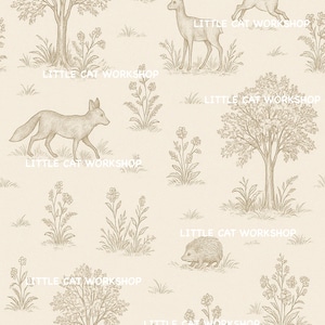 Papier peint imprimable pour maison de poupée – toile Woodland | Papier peint miniature à l'échelle 1:12 | Animaux de la forêt et fleurs vintage | Téléchargement instantané