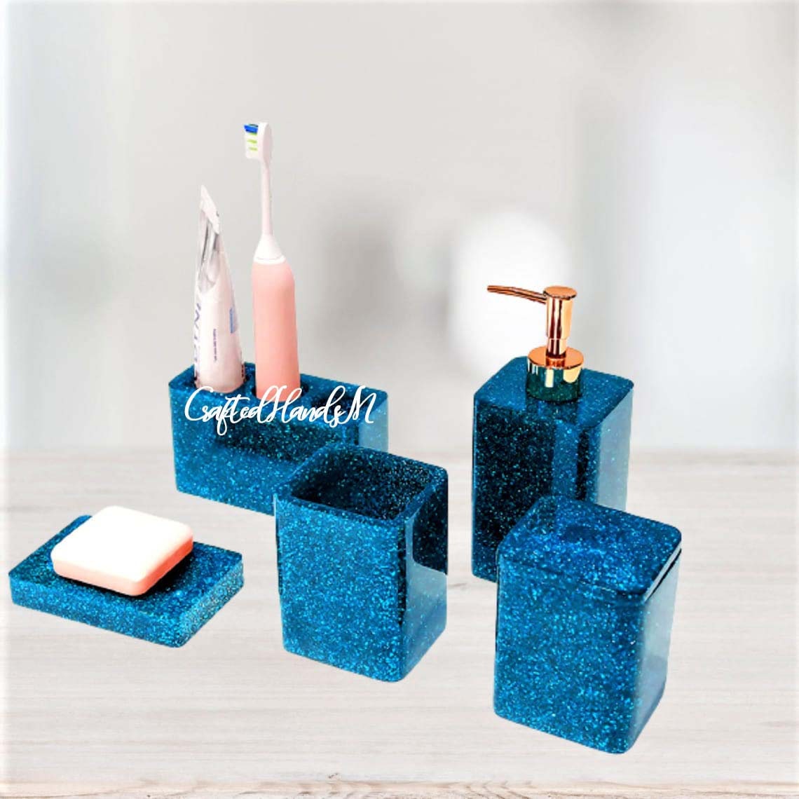 Bathroom Resin Blue Color Accessories Sets 5pcs Toothbrush Dish Soap Holder 