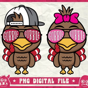May include: Two cartoon turkeys with sunglasses that read "GOBBLE GOBBLE." One turkey wears a backwards baseball cap, the other a pink bow. Both have red and white tail feathers. The image has the text "PNG DIGITAL FILE."