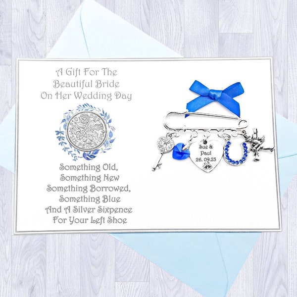 Bride Gift. Lucky Sixpence. Wedding Gift. BRIDE Kilt Pin. Blue Horseshoe. SOMETHING BLUE. Gift Card & Envelope