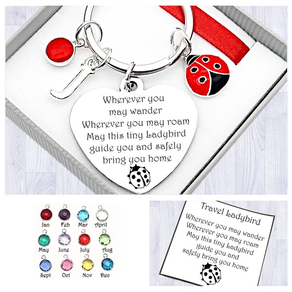 Travel Ladybird Keychain, Travelling Ladybird Bag Charm, Journey Good Luck Key Rings, Safe Travels, Personalised Letter And Birthstone,