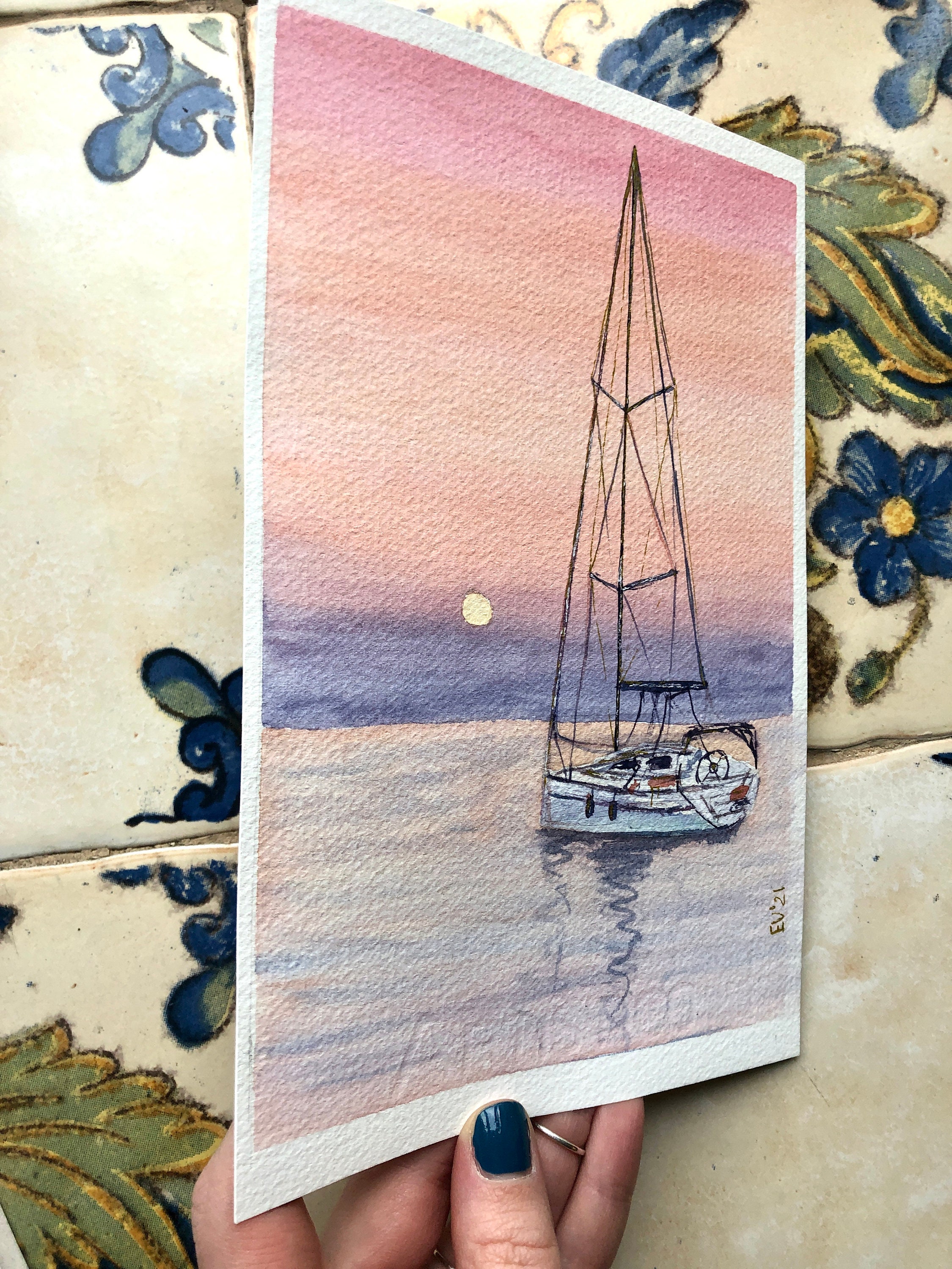 sailboat at sunset watercolor