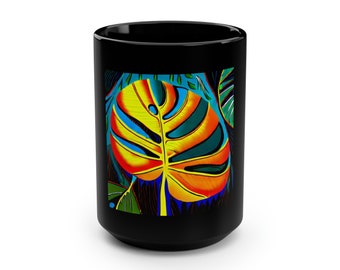 Monstera coffee Mug ~ Black Mug, 15oz