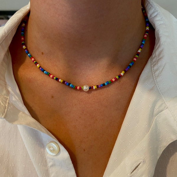 Bunte Perlekette, Bunter Perlenchoker, colorful necklace, handmade with love