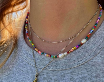 Bunte Perlenhalskette mit Süßwasserperlen, bunter Perlenchoker, liebevoll handgemachte Perlenkette, colorful necklace