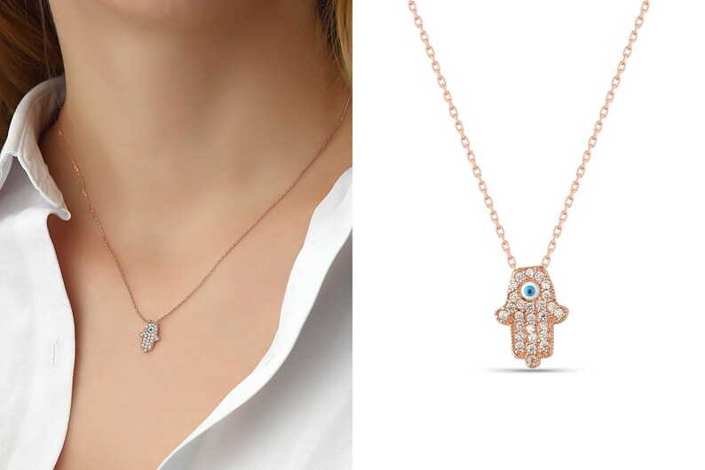 Silver Hamsa Hand Necklace Evil Eye Pendant Jewelry White Enamel Protection 18K Rose Gold Good Luck