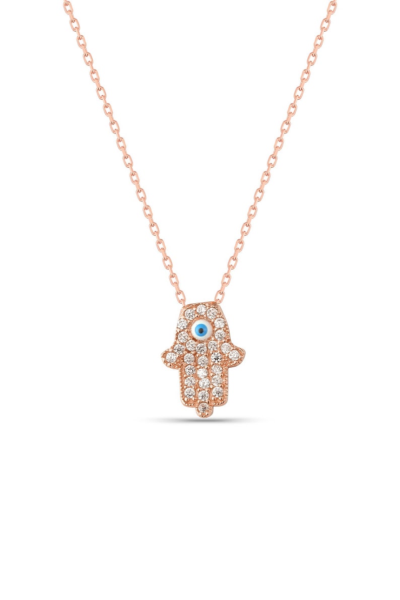Silver Hamsa Hand Necklace Evil Eye Pendant Jewelry White Enamel Protection 18K Rose Gold Good Luck