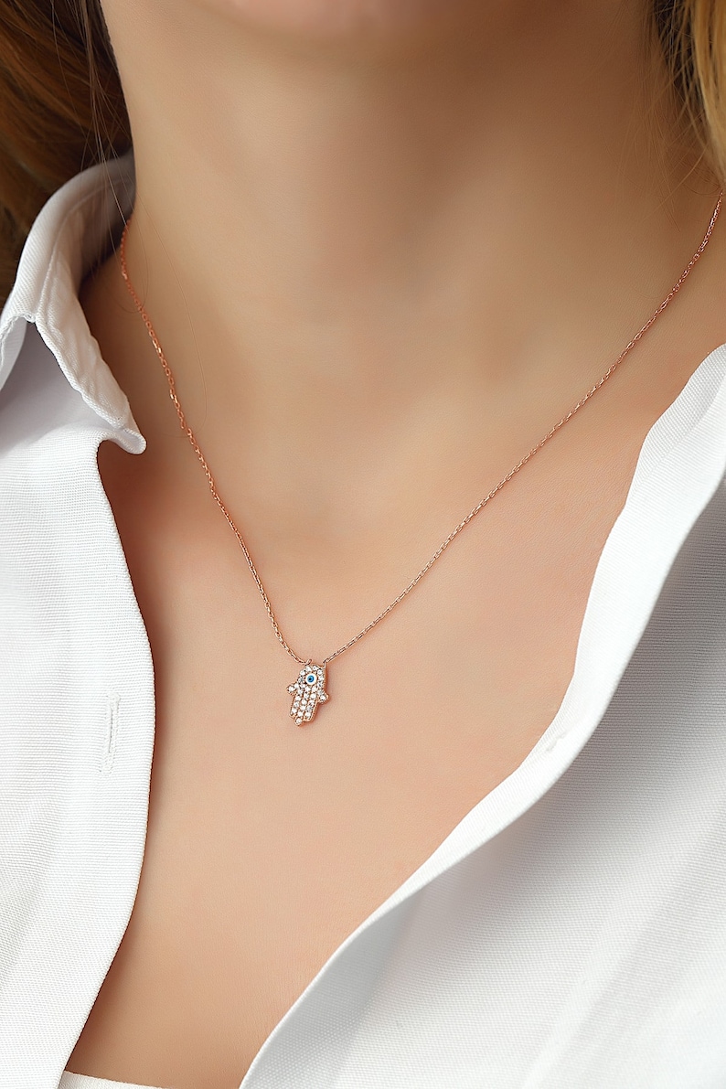 Silver Hamsa Hand Necklace Evil Eye Pendant Jewelry White Enamel Protection 18K Rose Gold Good Luck