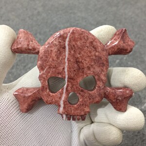 Könnte beinhalten: Eine rotbraune Totenkopf- und gekreuzten Knochen-Figur. Der Schädel hat Augenhöhlen, eine Nasenhöhle und Zähne. Die gekreuzten Knochen erstrecken sich von den Seiten des Schädels. Die Figur wird in einer behandschuhten Hand gehalten.