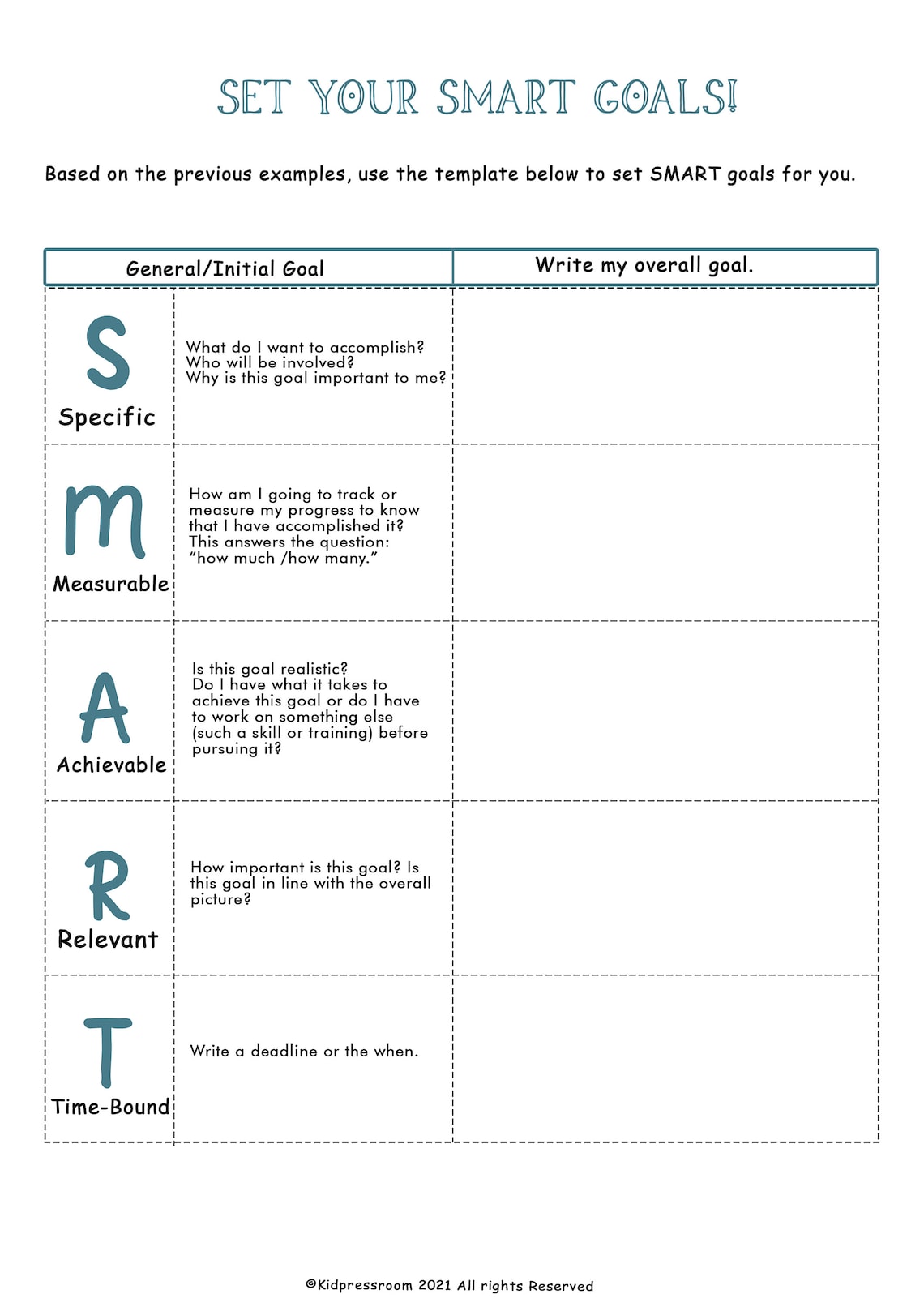 Goal Worksheet For Teens