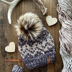 Hand Knit Merino Wool Hat: Sawtooth Design with Faux Fur Pom