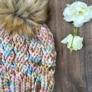 Hand Knit Merino Wool Beanie with Faux Fur Pom - Blush Pink