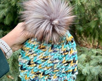 Hand Knit Merino Wool Beanie with Faux Fur Pom Pom