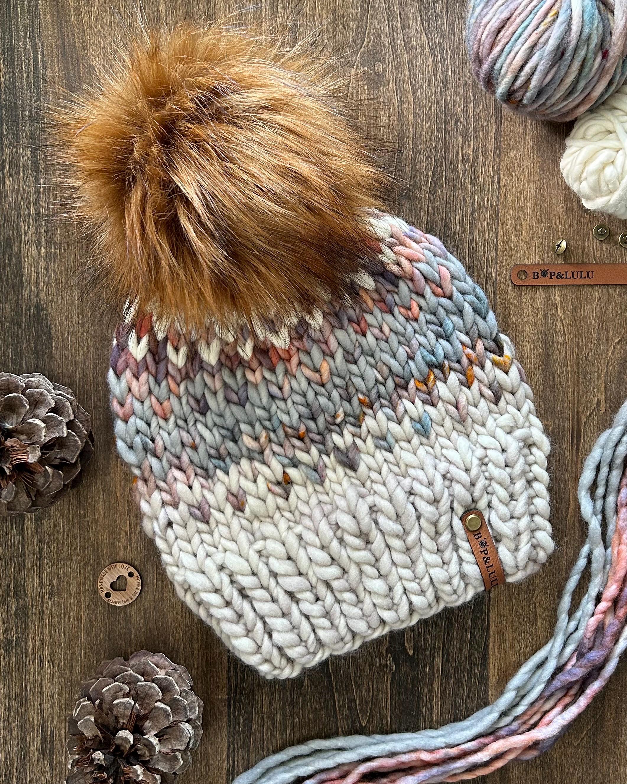 Handmade Wool Cream Knit Beanie with Blue, Yellow & Green Accents Handmade Chunky Knit Beanie: Forest Green Wool Blend With  main image 4