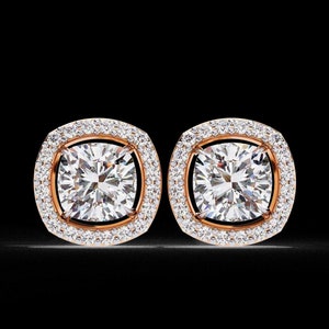 1.25 Ct For Each Cushion Cut Lab Grown Diamond Halo Earring/Rose Gold CVD Diamond Earring/Anniversary Gift For Her