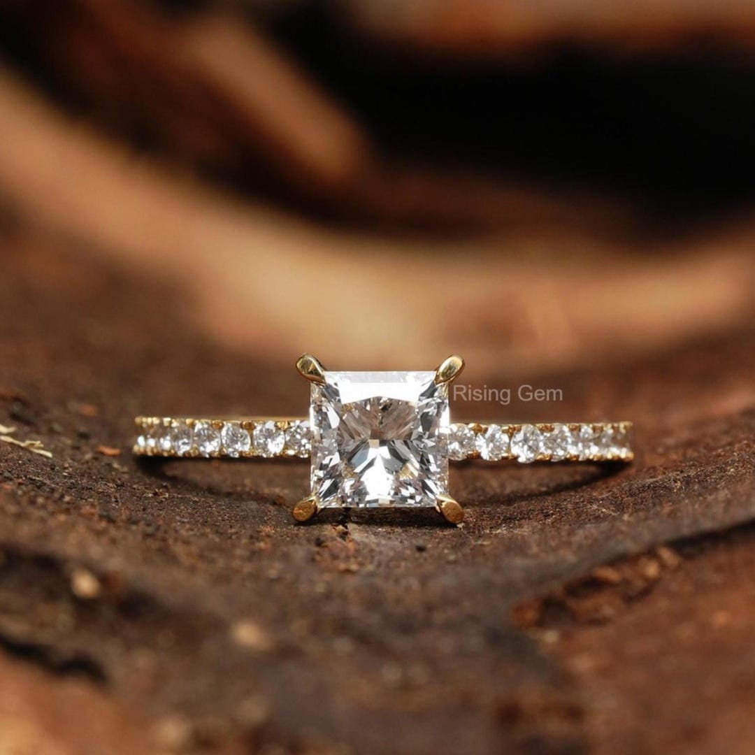 Princess Cut Lab Grown Diamond Engagement Ring: Yellow Gold, Pave Set ...