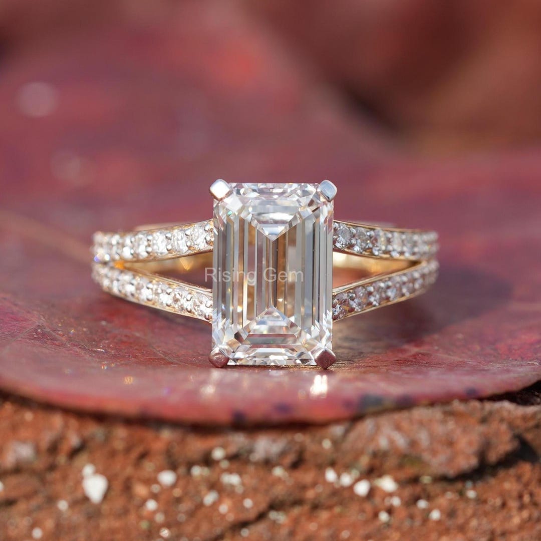 Emerald Cut Lab Grown Diamond Split Shank 14k Gold Engagement Ring: IGI ...