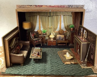 MOVING SALE Handmade Room Box Living Room Faux Book Dollhouse Miniature Lundby Lamp