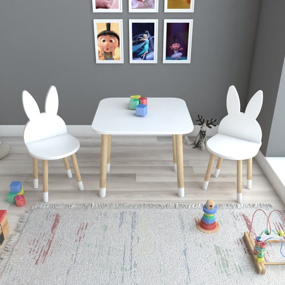 White Rabbit Wooden Kids Table And Chair Set Wooden Table Etsy