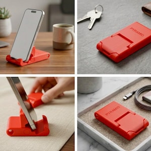 Puede incluir: Un conjunto de cuatro imágenes que muestran un soporte para teléfono rojo y un accesorio para teléfono rojo con la marca Pyramid. El soporte para teléfono sostiene un teléfono inteligente. El accesorio tiene un diseño compacto y plegable. También se muestra un cable de carga y llaves.